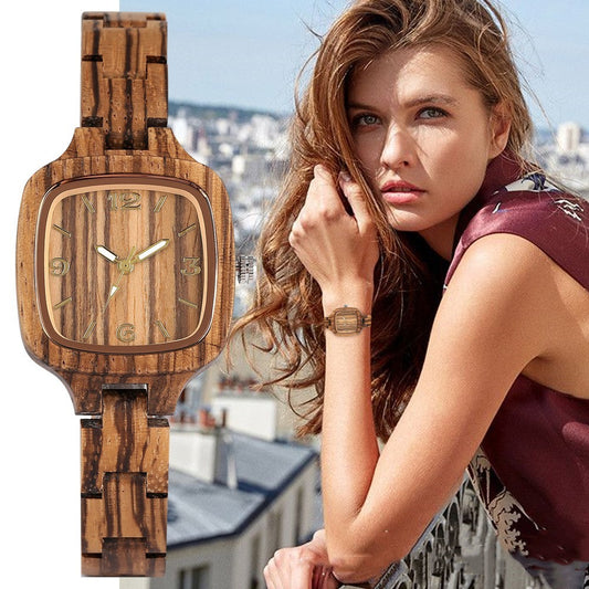 Zegarek „Bamboo Wood Square Gold Digital Face Watch”
