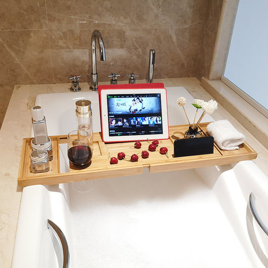 Bambusowa półka na wannę – rozsuwana, na książkę, tablet, kieliszek